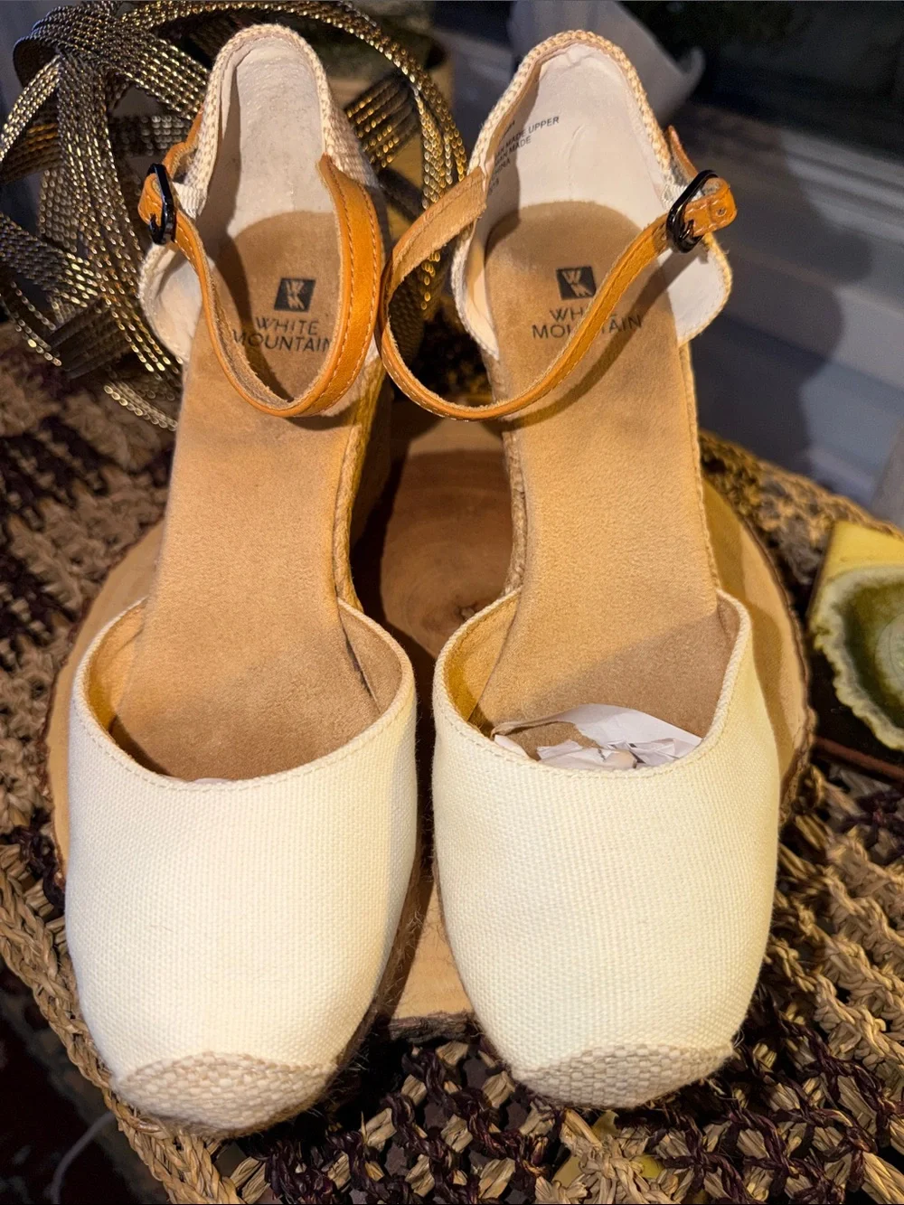 White Mountain White and Tan Espadrille Wedge Sandals